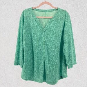 LL Bean Women L Tunic Top Green Knit 3/4 Sleeve Stretch Geometric Spring Travel
